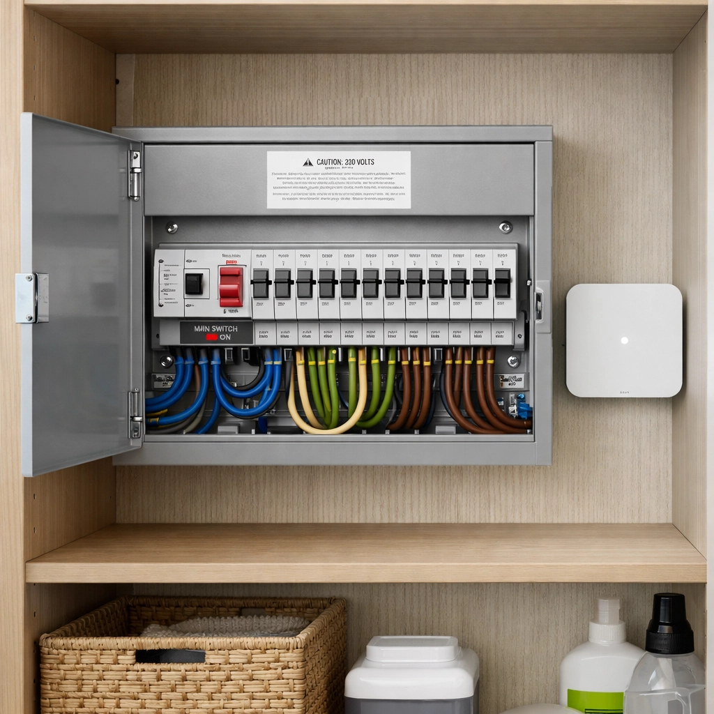 Modern UK metal consumer unit and smart home hub installed by professional electricians in Poole and Bournemouth.