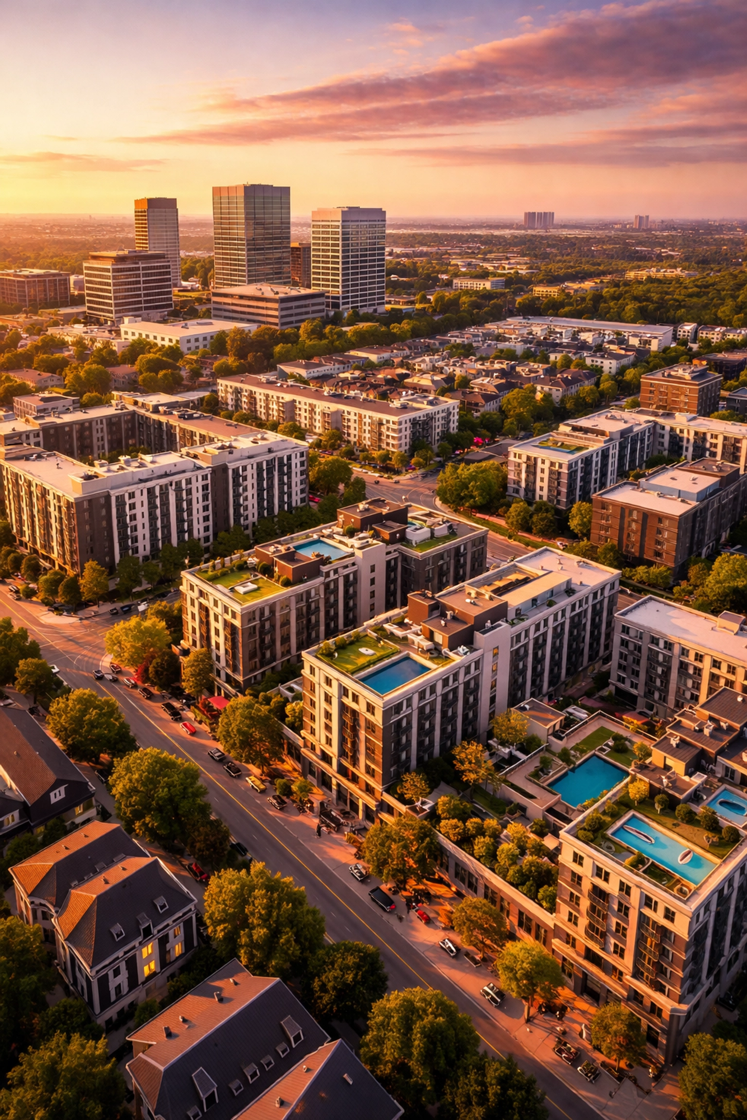Aerial view of various real estate properties represents multifamily and commercial real estate investment opportunities.