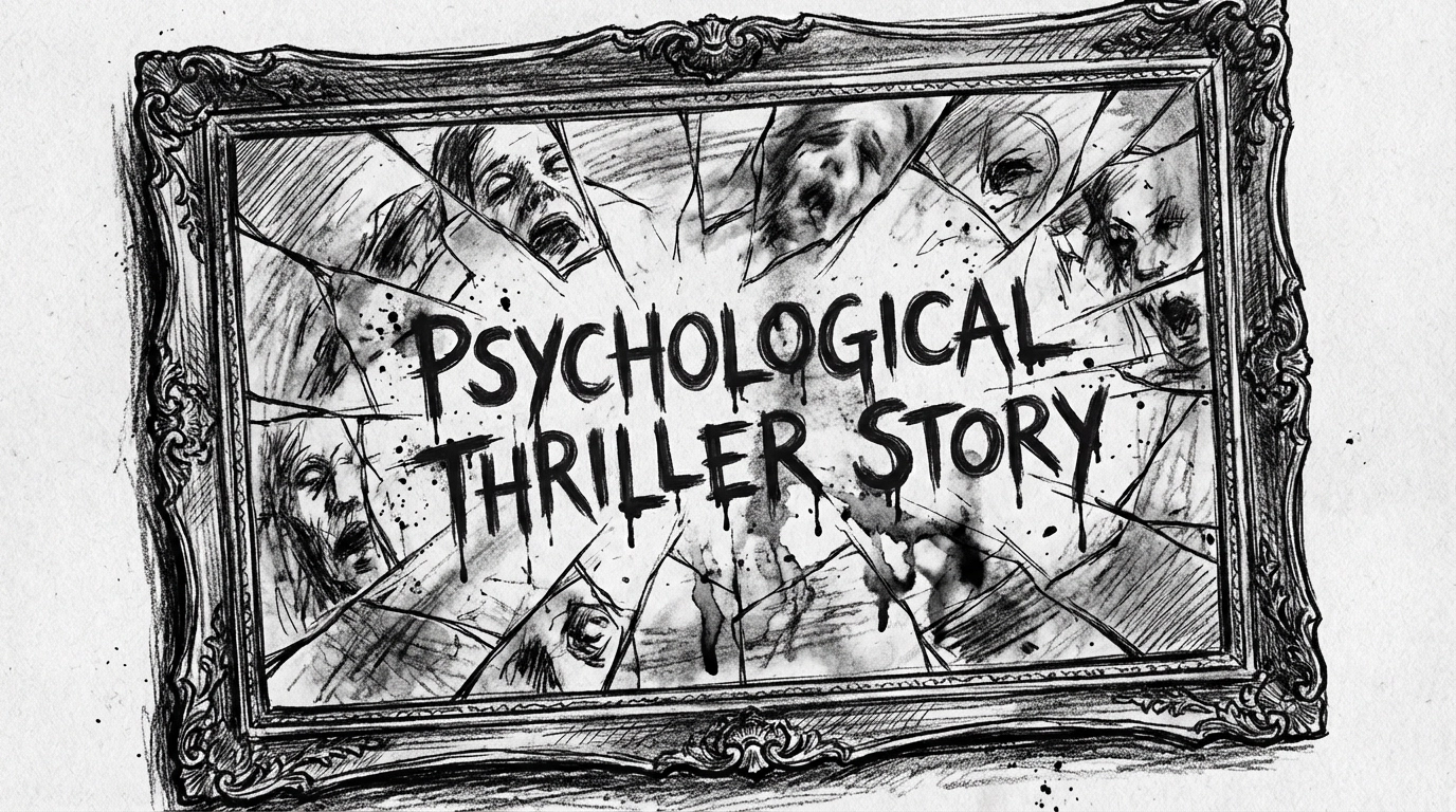 A crude, cracked mirror stare-down—ink-dark lines, hard shadows, and the words “PSYCHOLOGICAL THRILLER STORY” screaming across the glass.