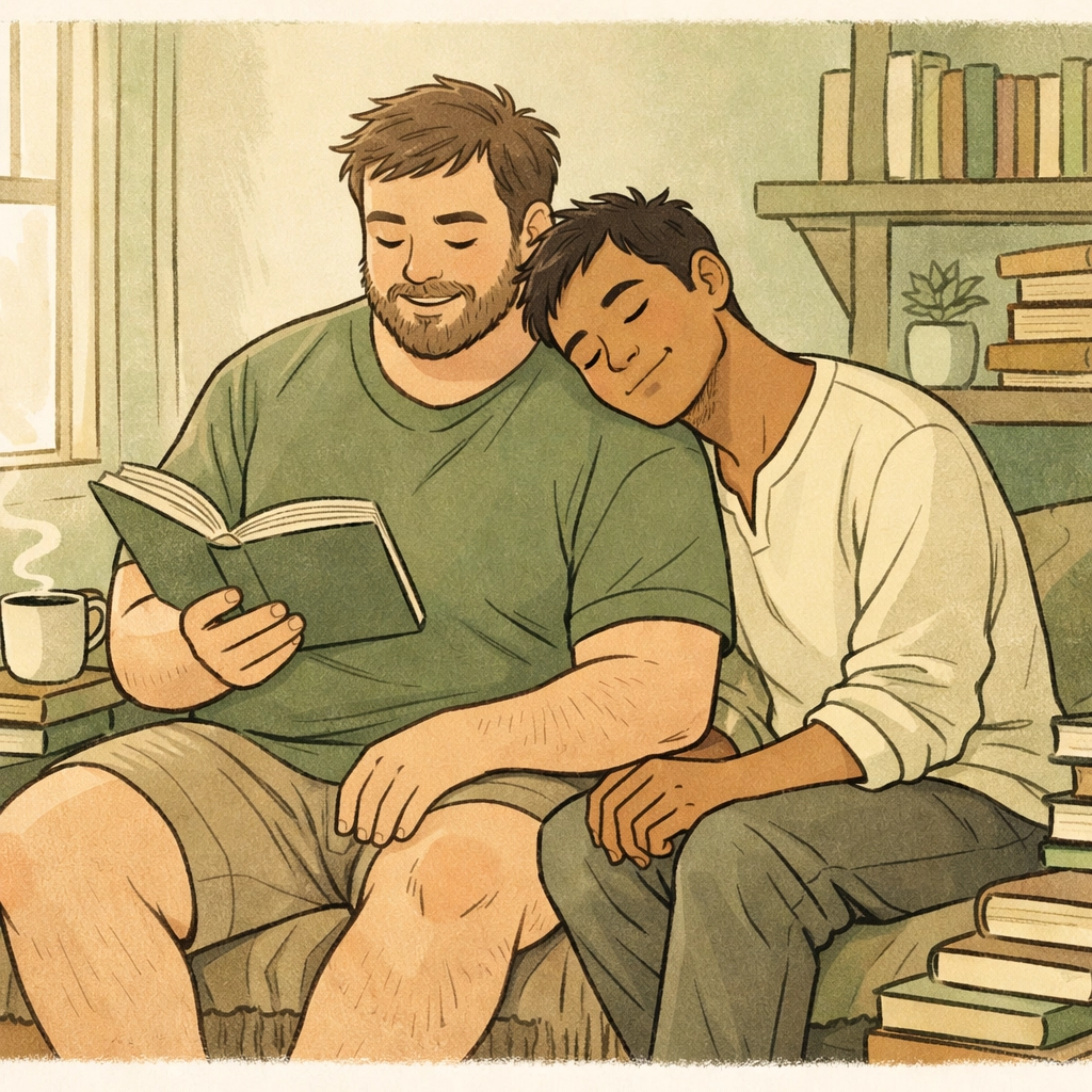 MM couple reading together in cozy nook showing body diversity and emotional connection