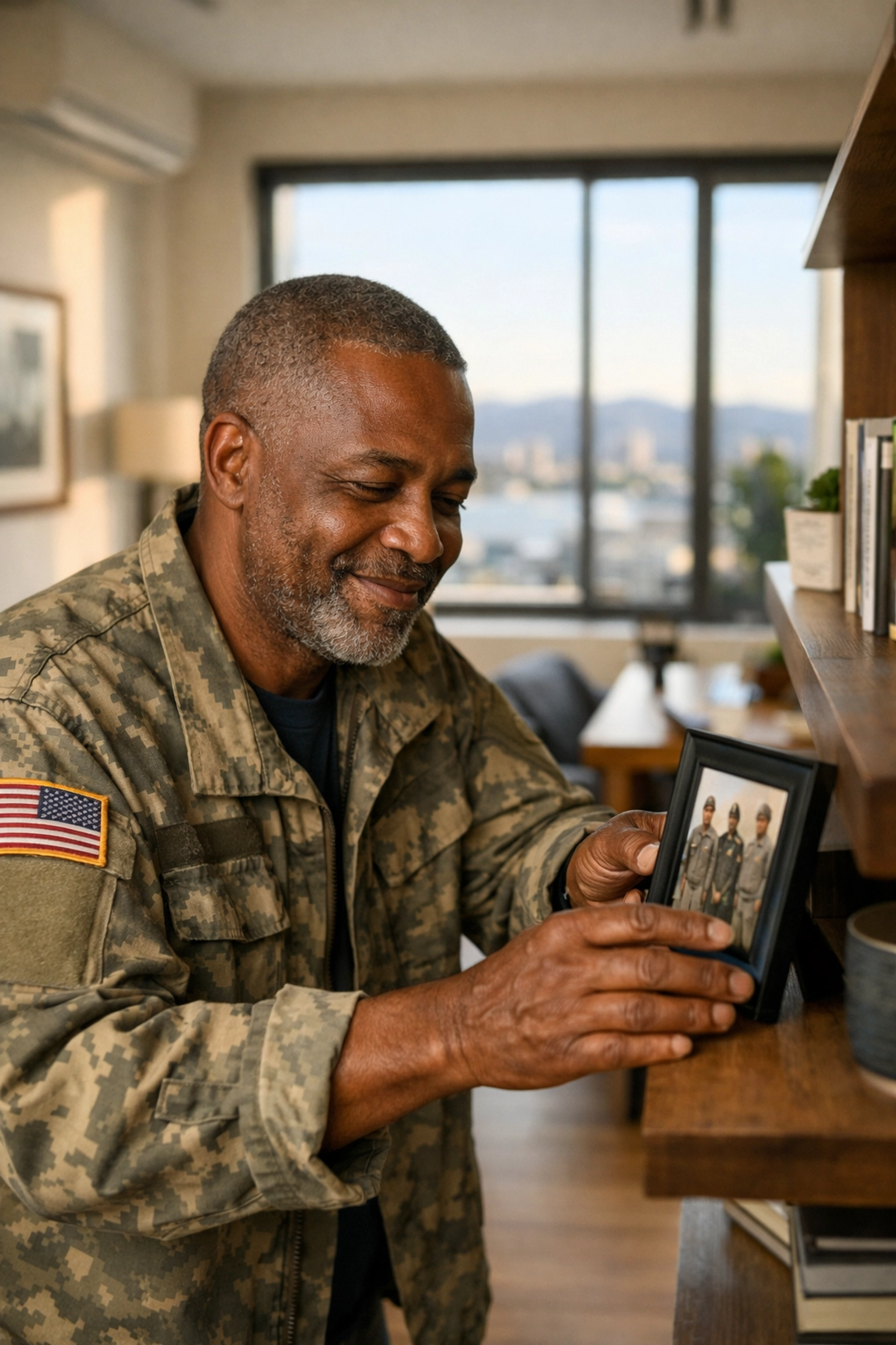 A veteran resident inside a modern, supportive housing unit at 2700 International Boulevard in Oakland.