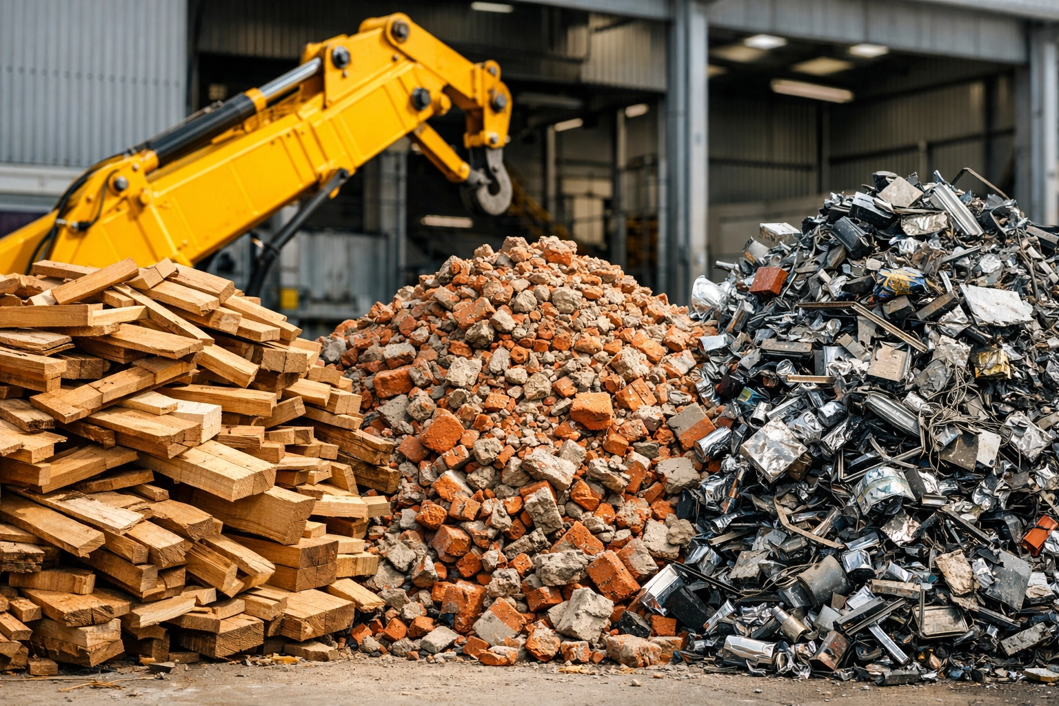 Segregated waste recycling facility processing timber and brick for zero-waste-to-landfill.