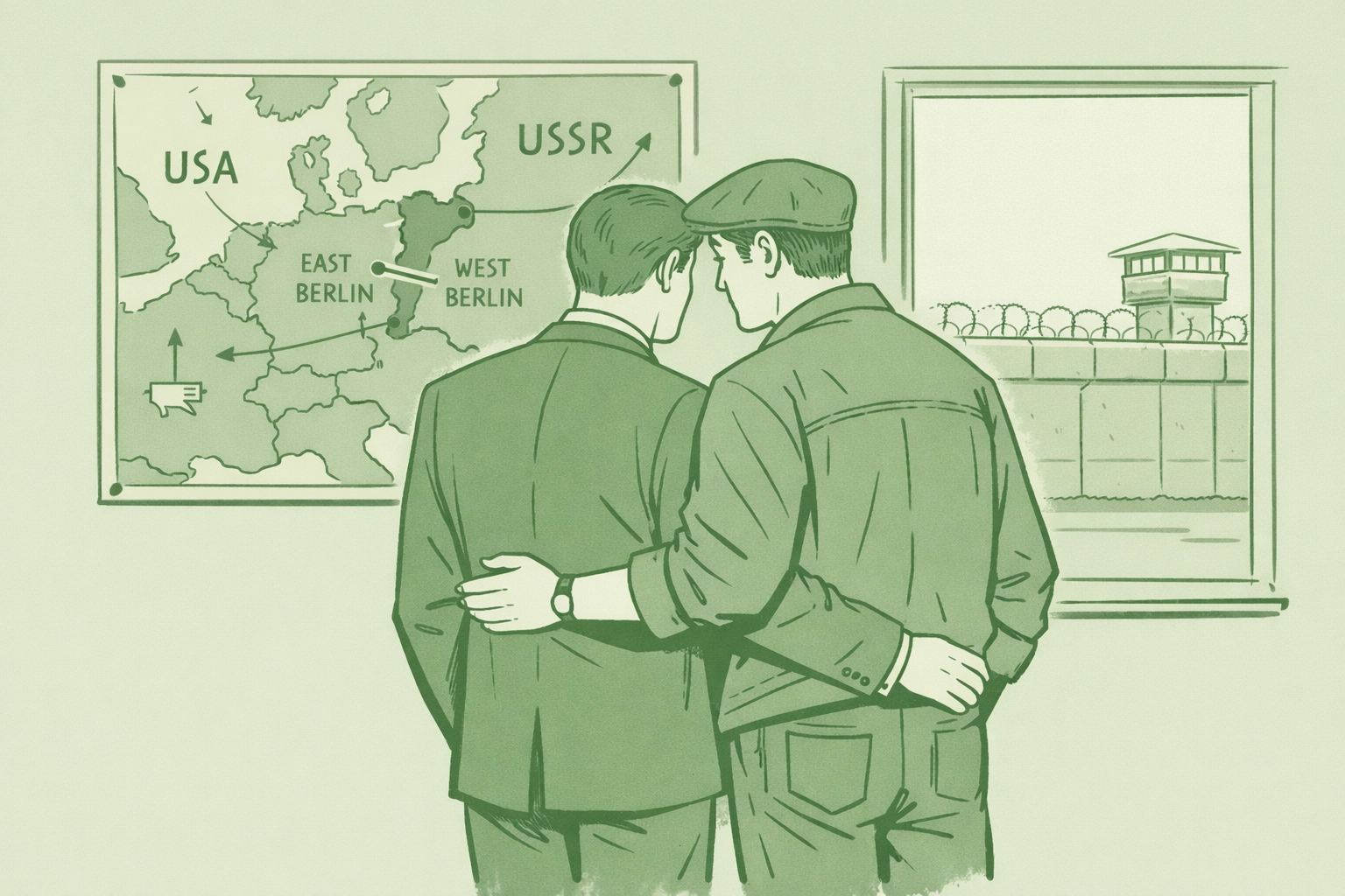 Historical gay spy romance set in Cold War Berlin with two men examining intelligence map