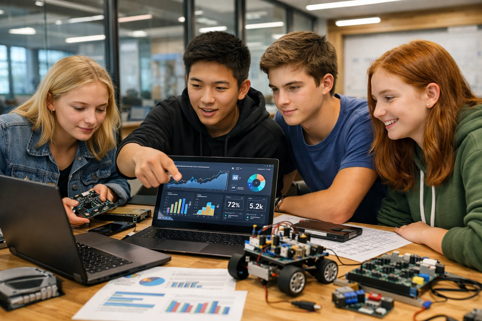 High school students collaborating on hands-on technology and data analytics project