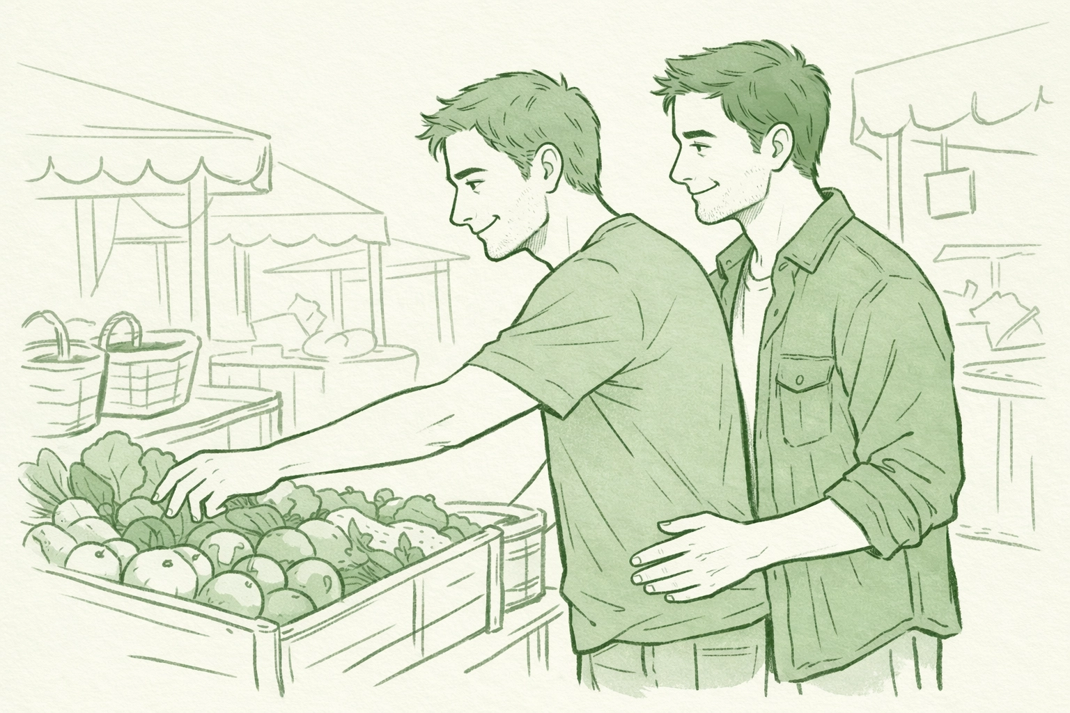 Gay couple shopping at farmer's market, everyday romance and visibility in married life