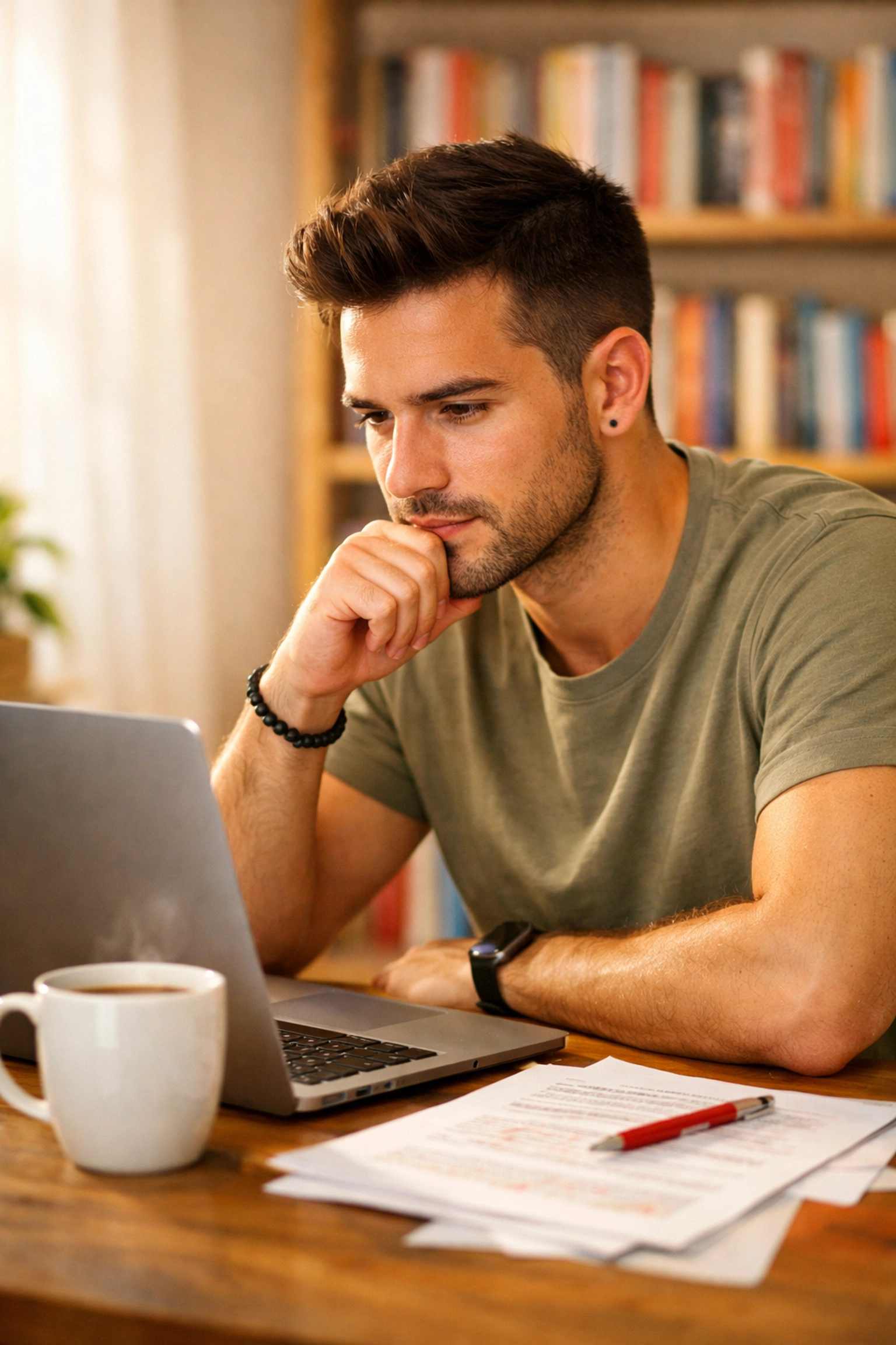 A focused gay author editing his MM romance manuscript in a bright, modern home office.
