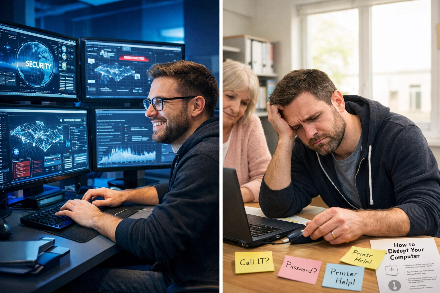 IT professional split between strategic cybersecurity work and basic computer troubleshooting