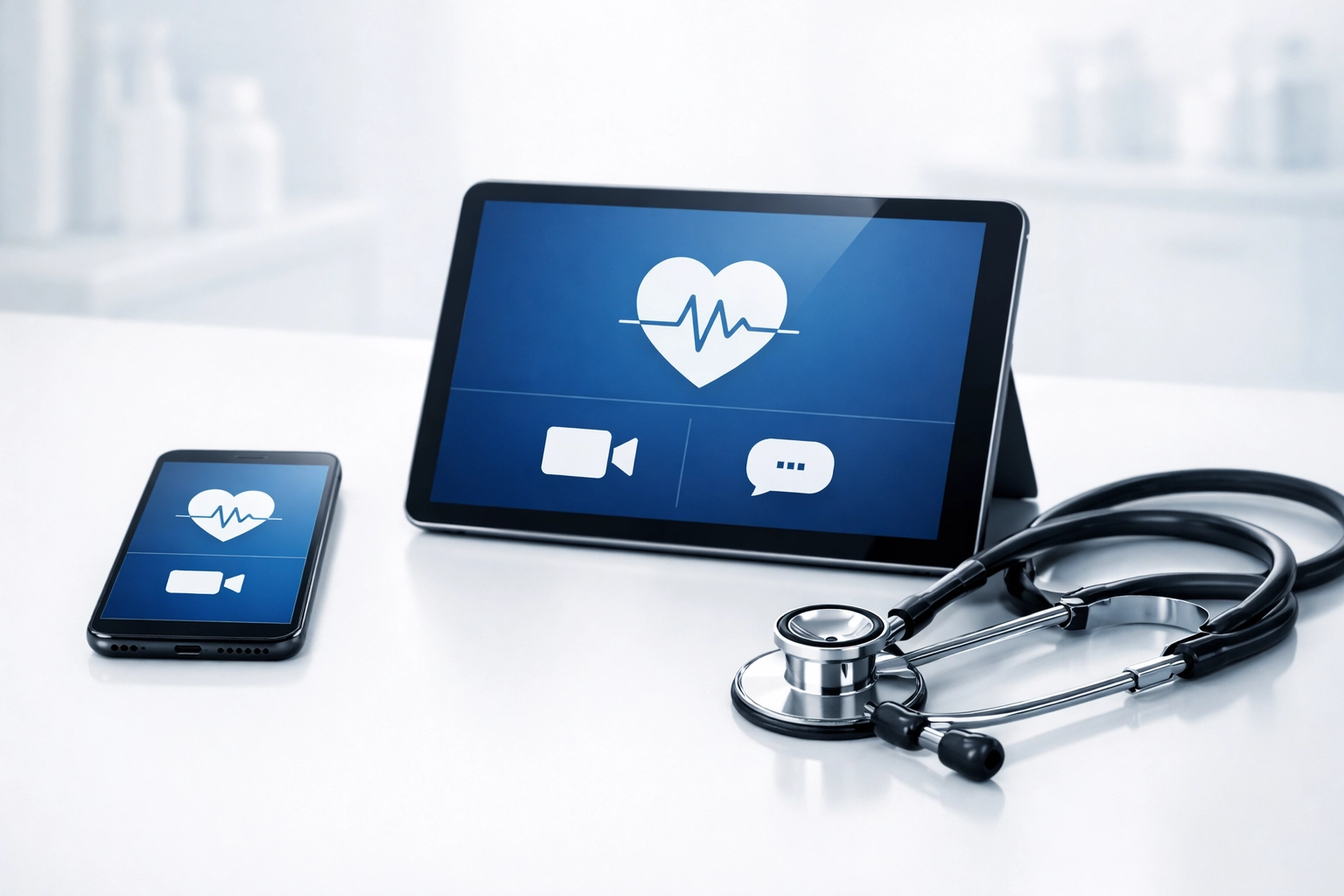 Professional digital devices and a stethoscope prepared for a seamless men's health telehealth appointment in Illinois.