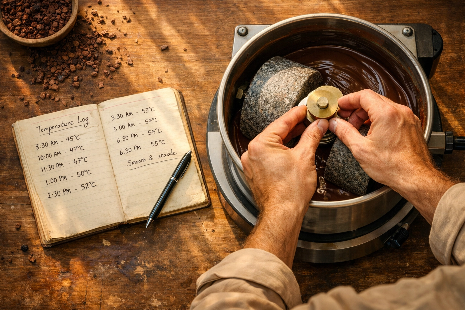 Chocolate maker adjusting stone grinder with temperature tracking notebook and cacao nibs