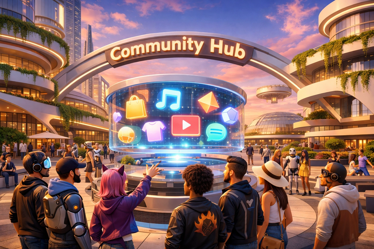 Avatars interacting in a digital community hub and shopping plaza within the Larecoin metaverse.