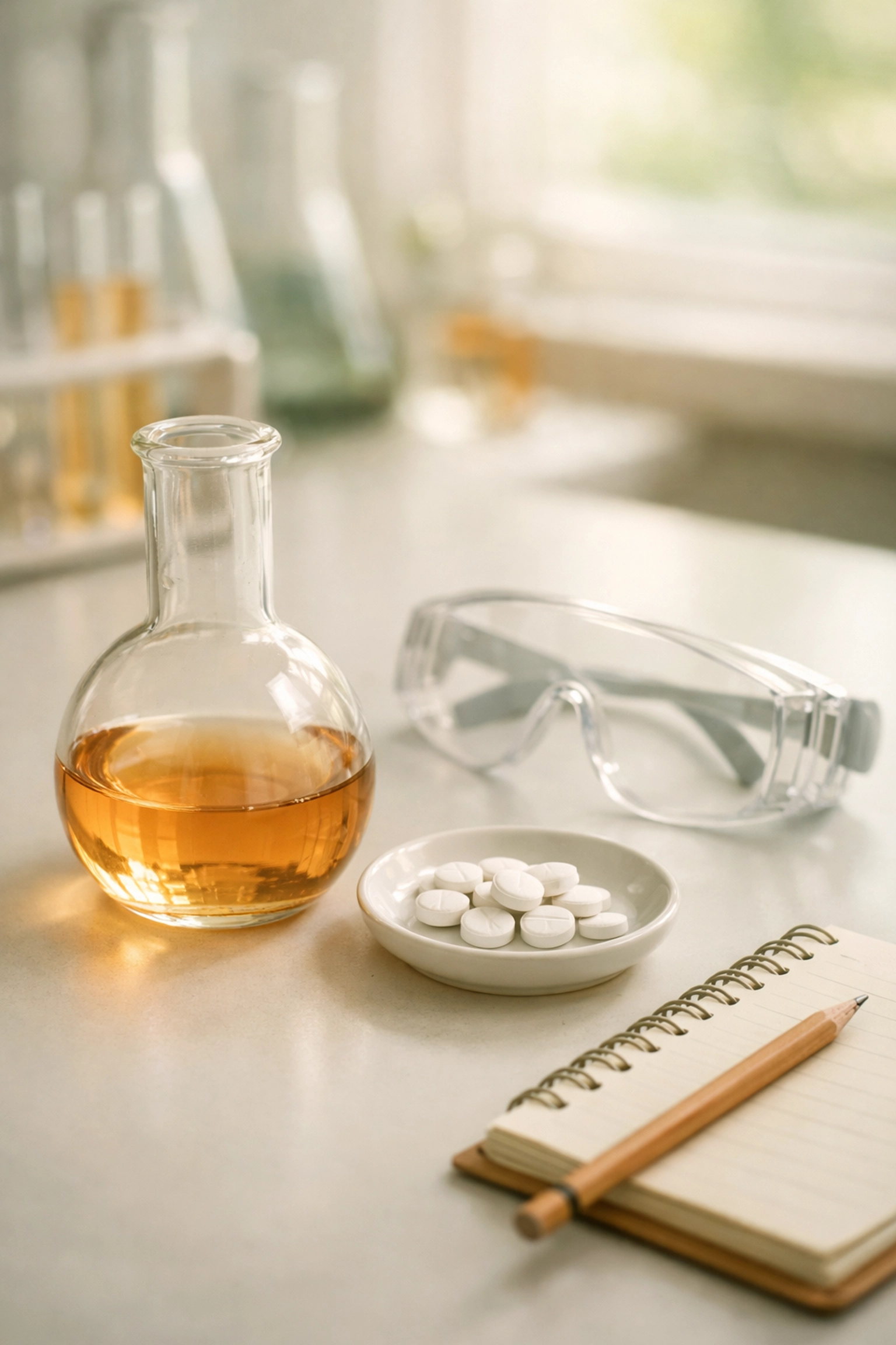 Chemistry lab setup with aspirin synthesis flask and safety equipment
