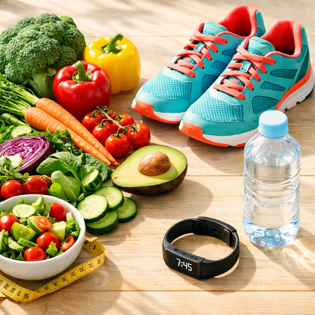 Healthy lifestyle essentials including fresh vegetables, fitness tracker, and exercise shoes