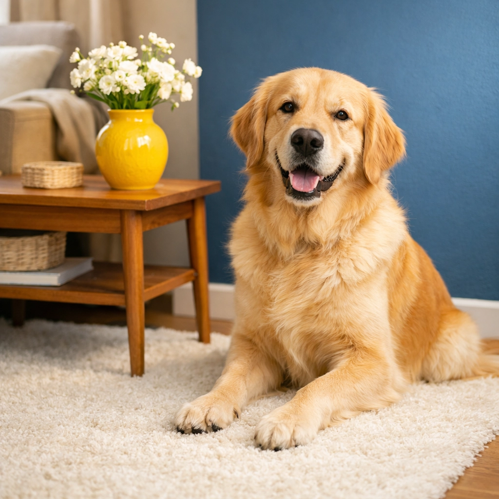 Clean pet-friendly apartment in Lancaster, MA featuring a dog on a spotless area rug.