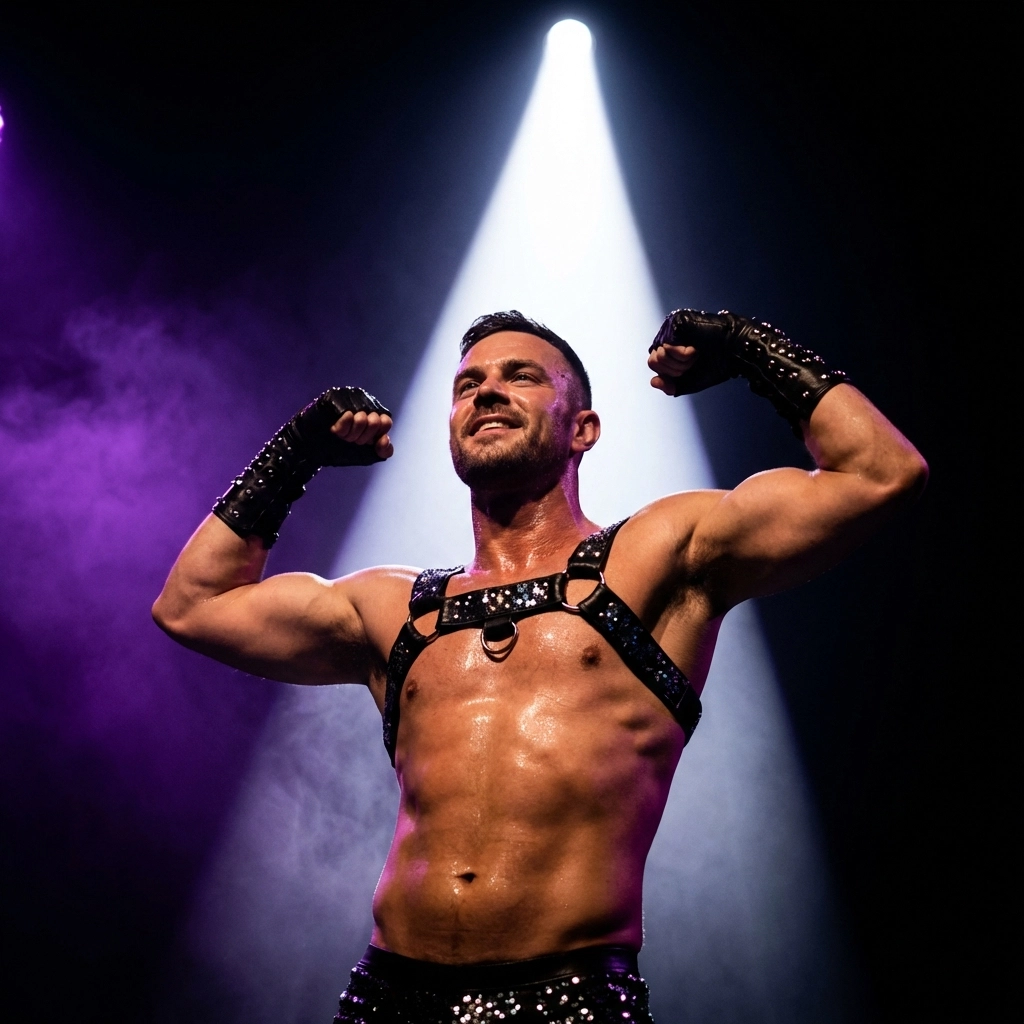 Muscular gay gogo dancer performing under club spotlights, a common scene in steamy MM romance novels.