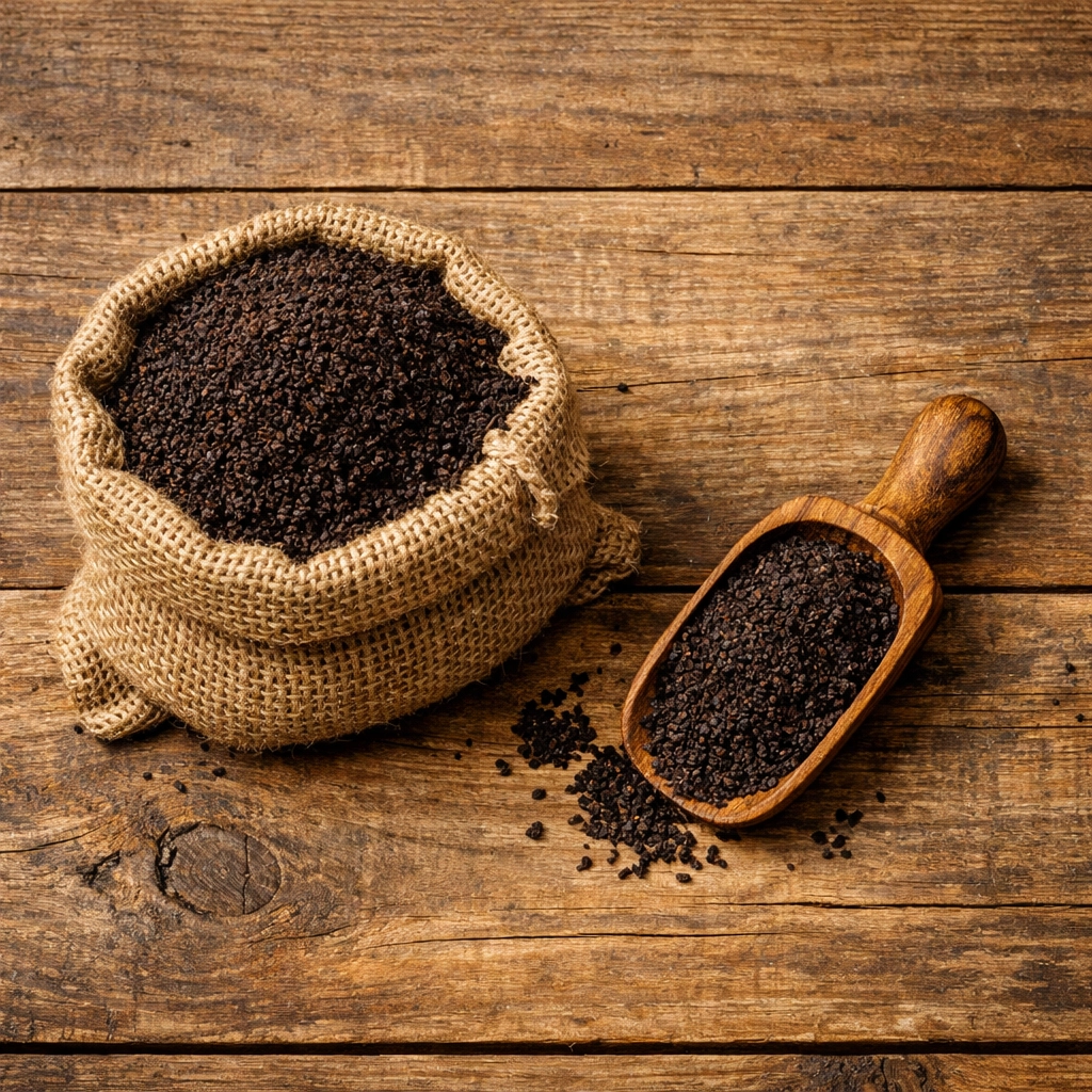 High-quality CTC black tea leaves in a rustic jute sack, perfect for an authentic masala chai blend.