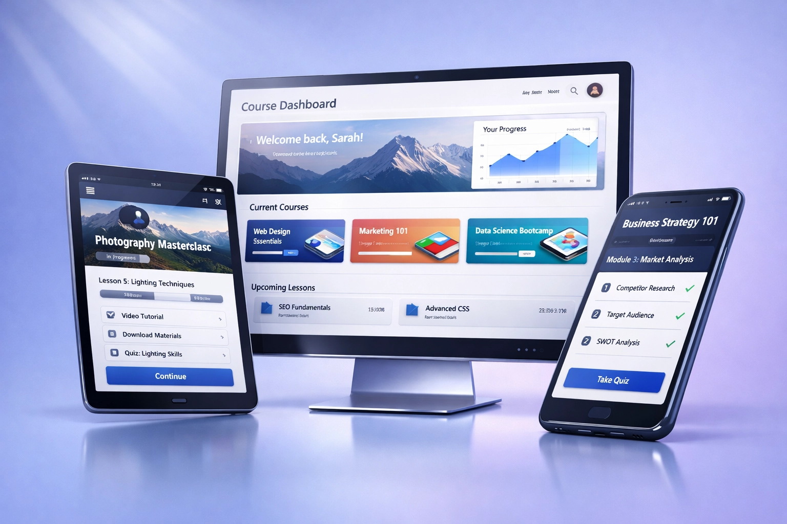 E-learning course platform interface shown across tablet, phone, and computer