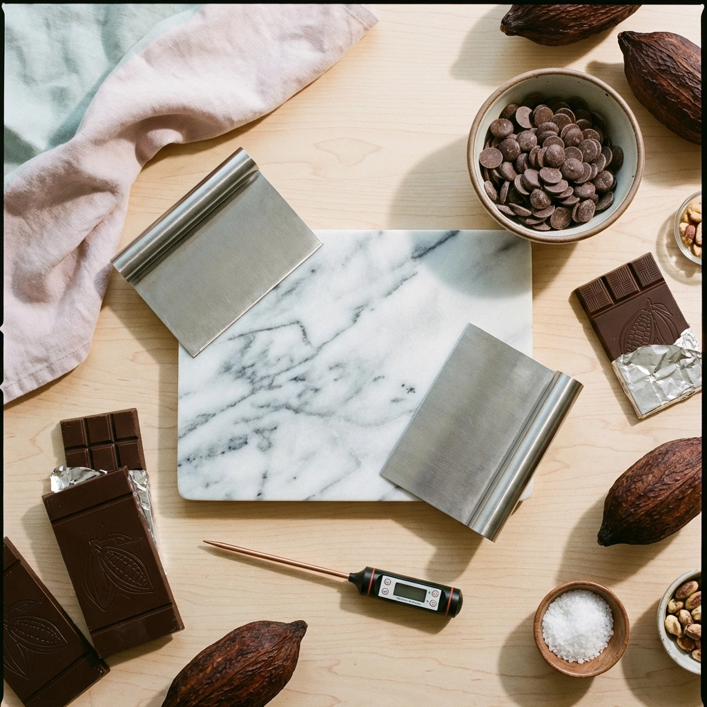 Flat-lay of a chocolate-making starter kit with tools and dark chocolate, ideal for beginner chocolatiers