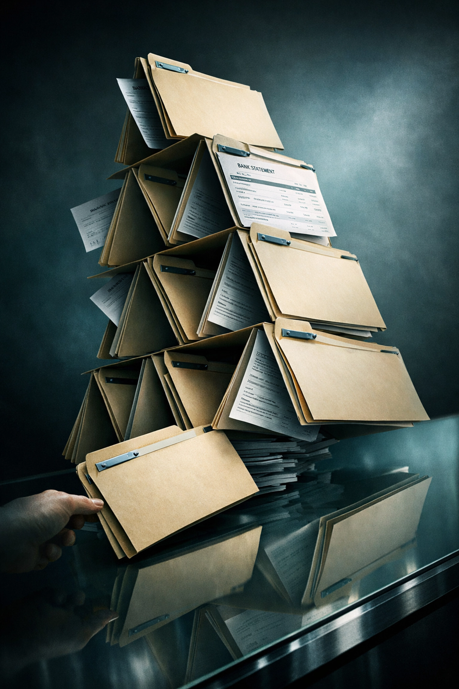 Fragile house of cards made from bank statements and files representing risky debt consolidation.