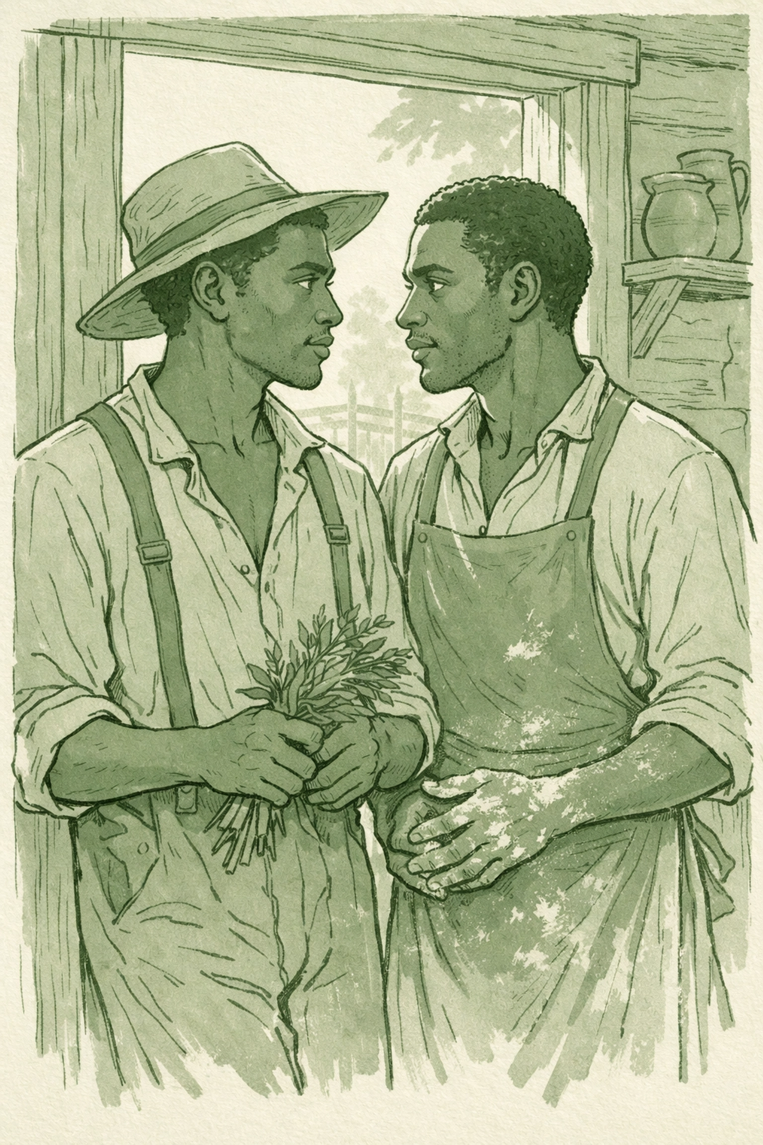 Two men share intimate glance at plantation kitchen door in historical MM romance