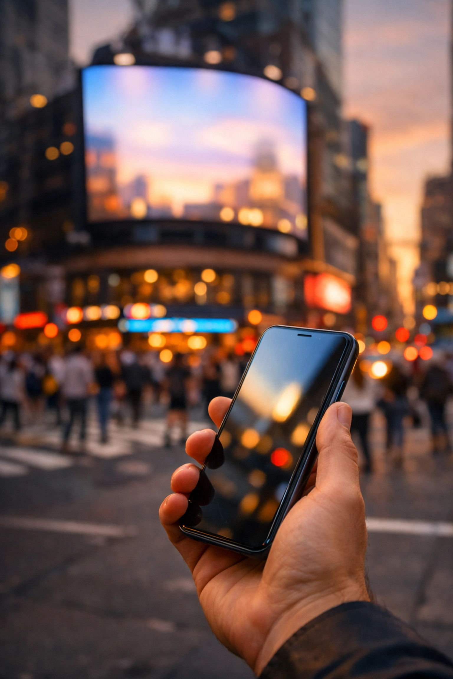 Omnichannel marketing integration between a mobile smartphone and a city digital billboard at sunset.