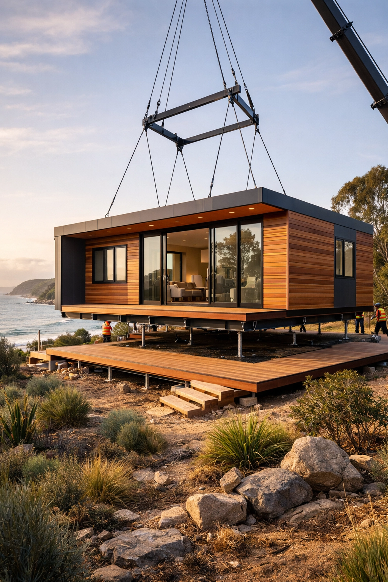 Modern 3-bedroom modular home with timber cladding and double-glazed windows on a coastal Australian lot.