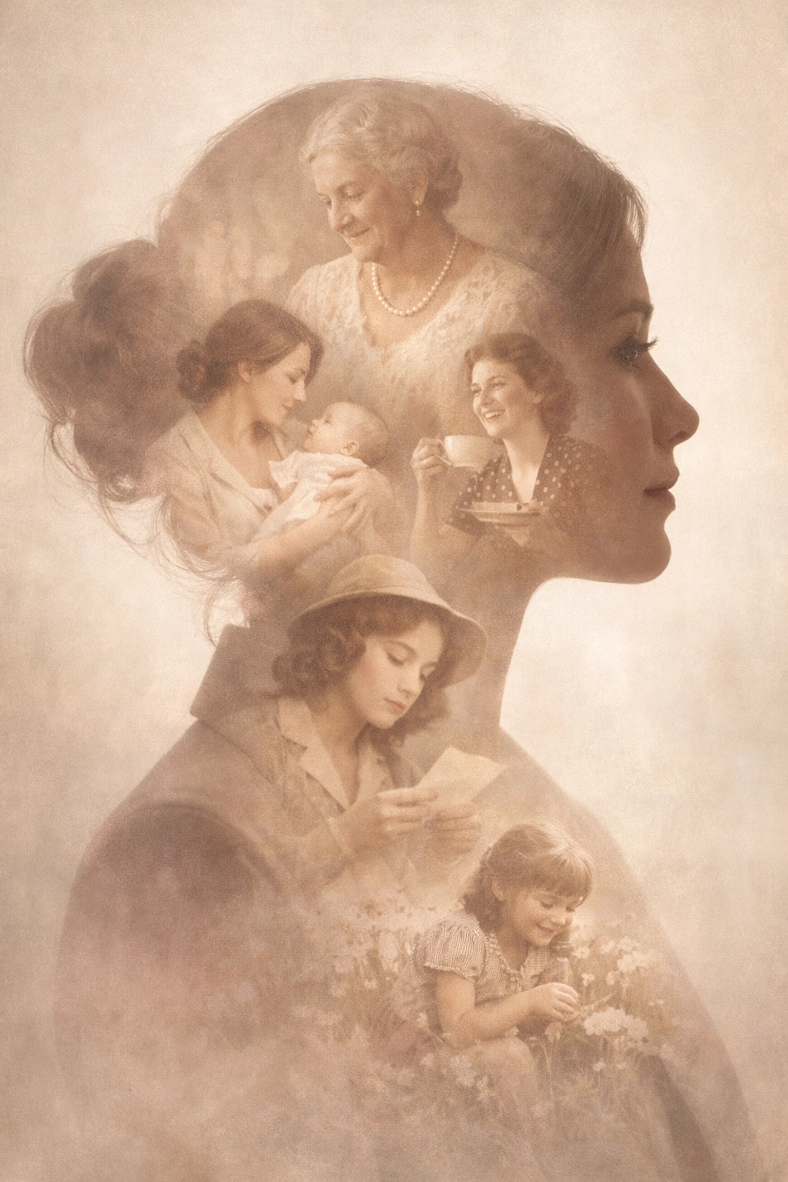 Woman's silhouette blended with generational images representing inherited self-doubt patterns