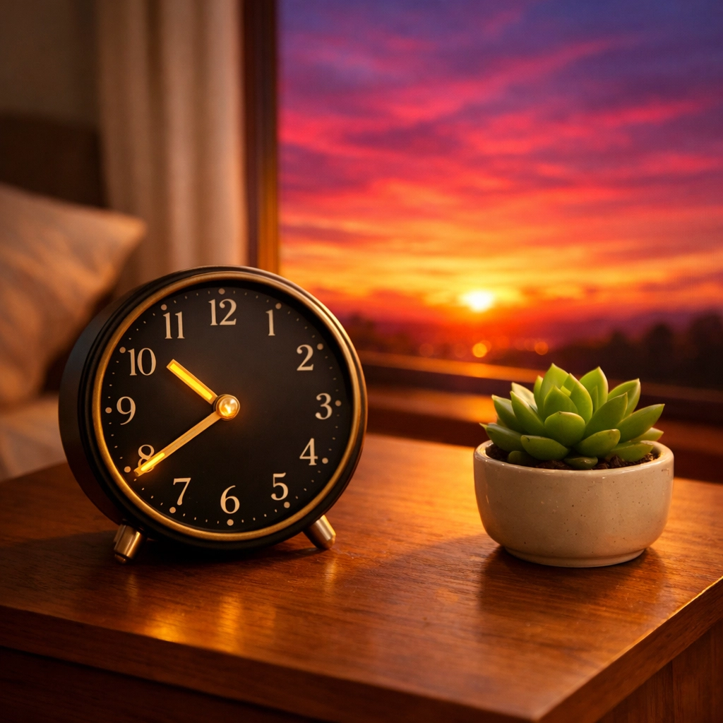 Bedside table with an analog clock illustrating a digital sunset to calm online groups political stress.