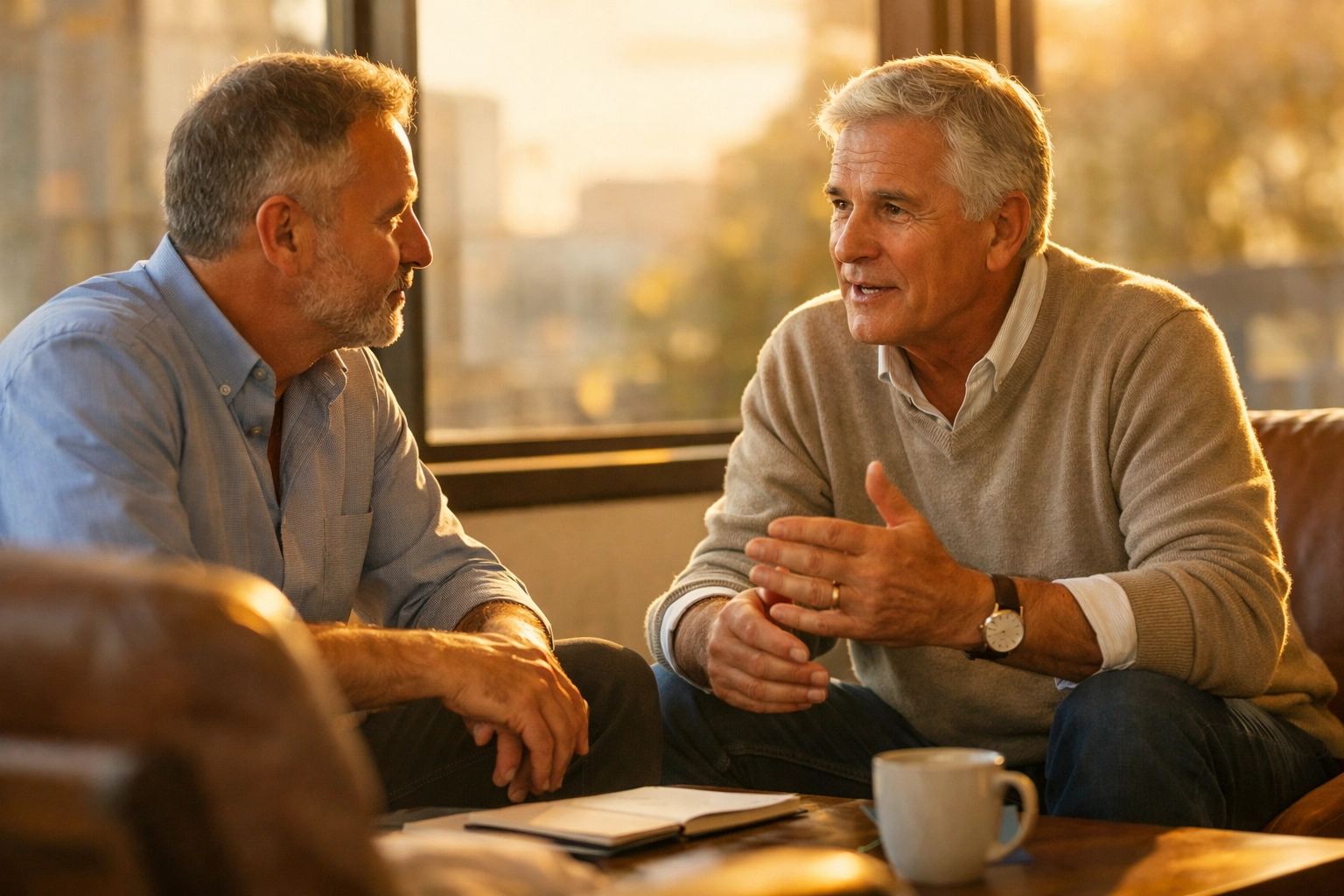 Business partners discussing legacy planning and their Buy/Sell agreement in a modern office.