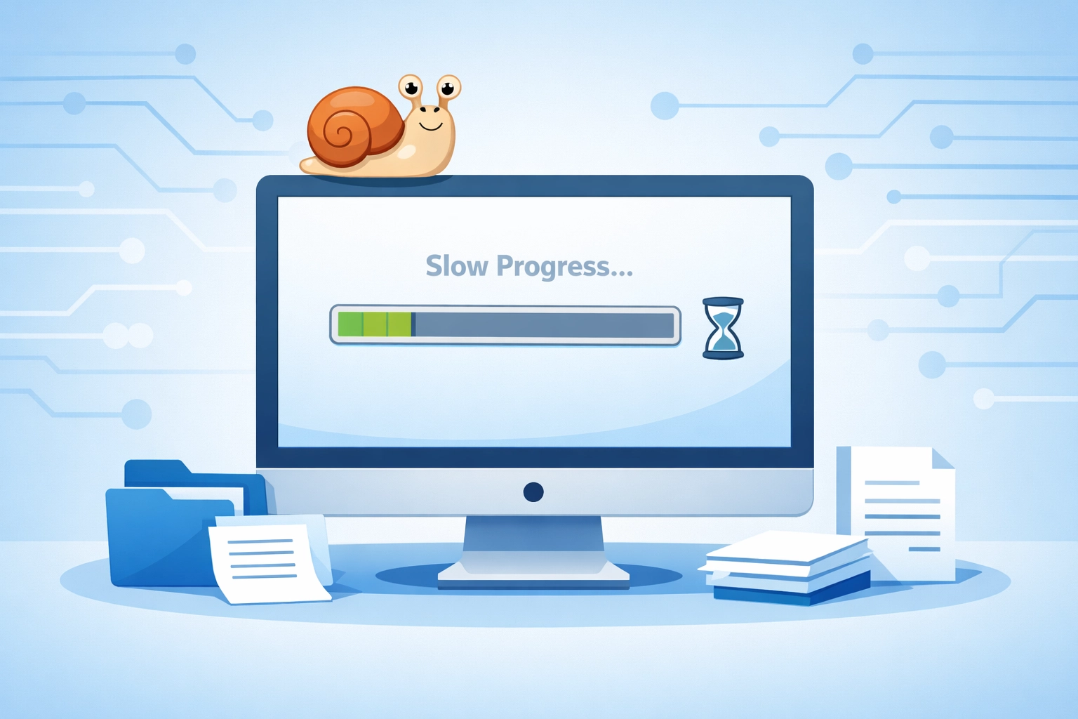 Slow computer performance illustration showing sluggish PC needing repair in Sarasota