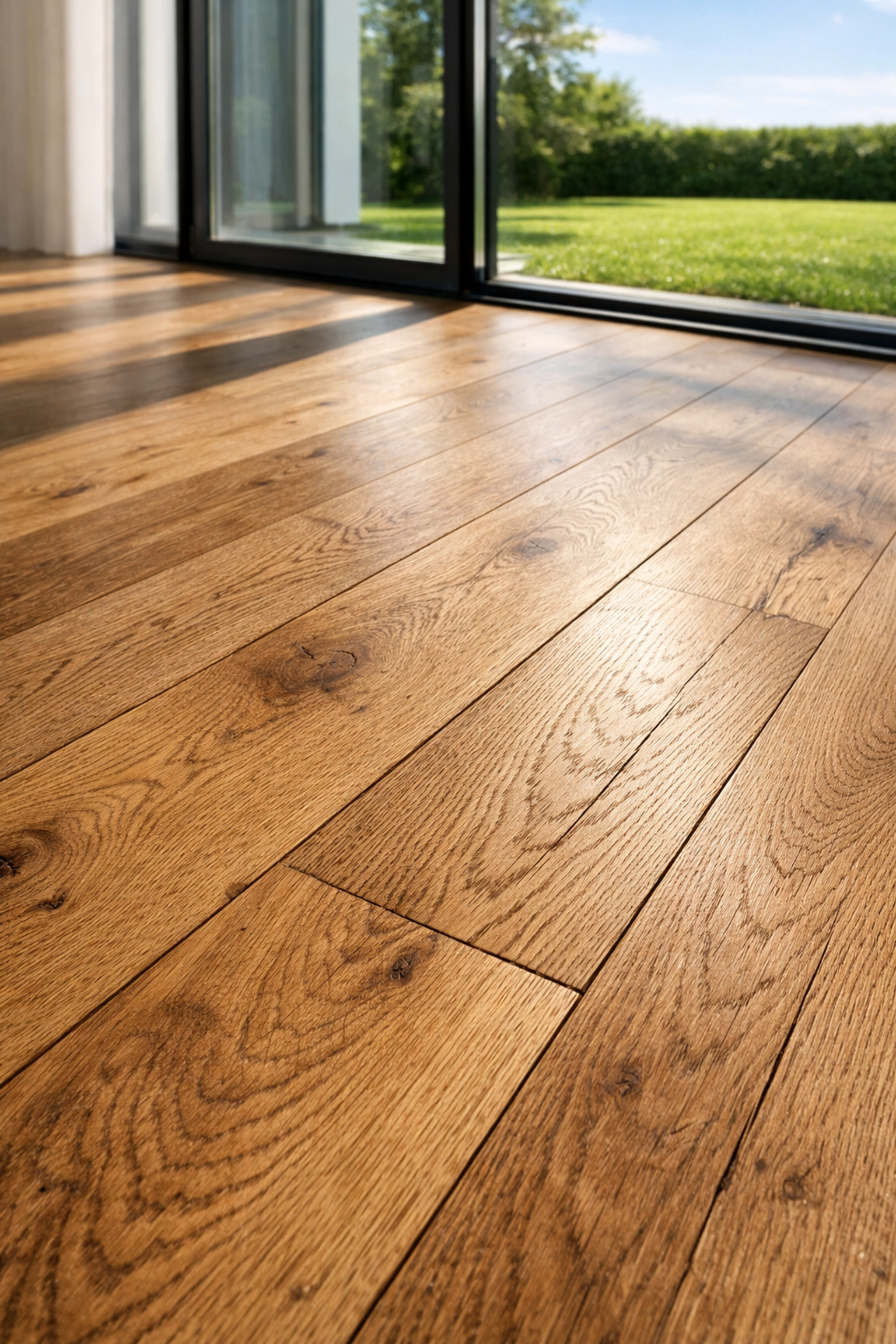 High-end European white oak flooring installed in a bright, modern custom home interior.