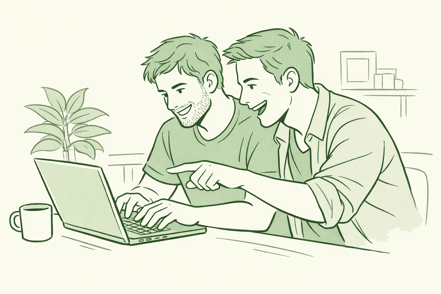 Two men collaborating at laptop to publish their LGBTQ+ ebook on ReadWithPride platform