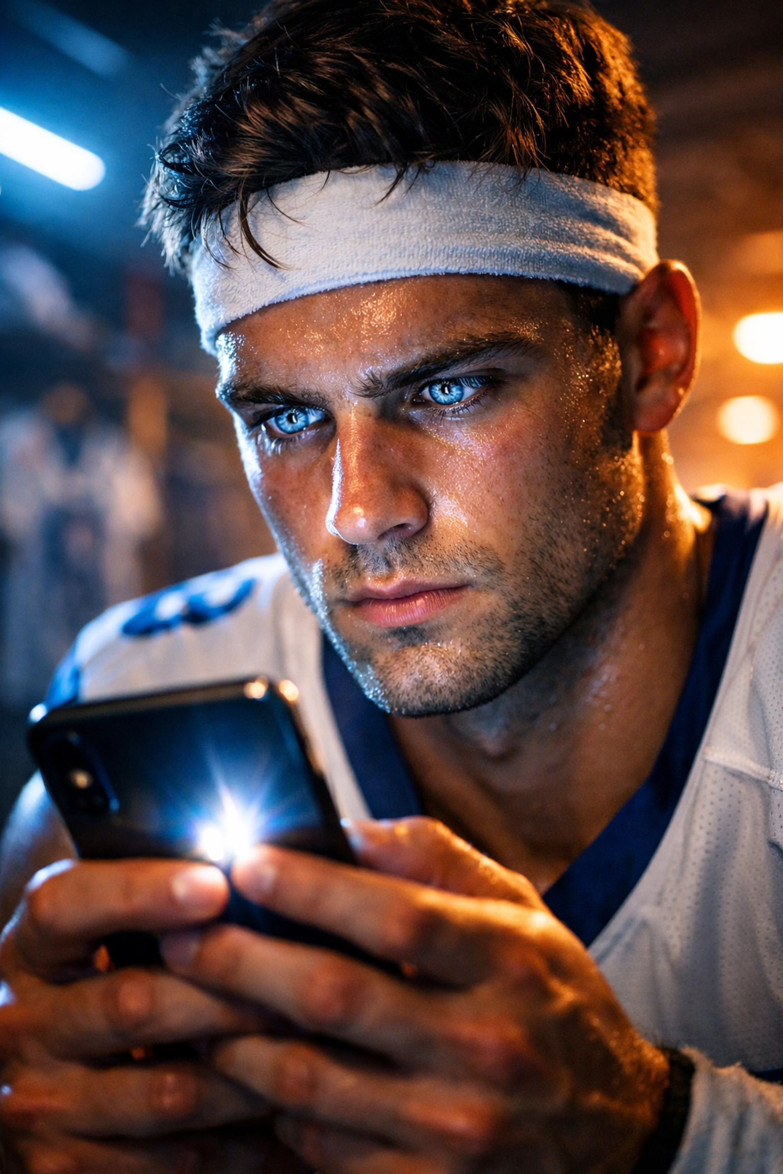College athlete in a locker room using a smartphone to build their digital personal brand and NIL presence.