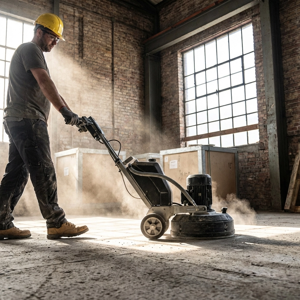 Contractor preparing a commercial concrete floor with professional equipment, ensuring proper epoxy floor installation.
