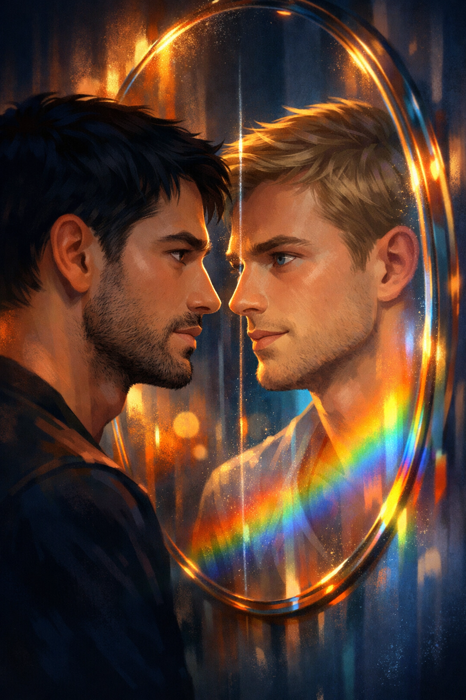 Two men connecting through mirror reflection in LGBTQ+ locker room moment