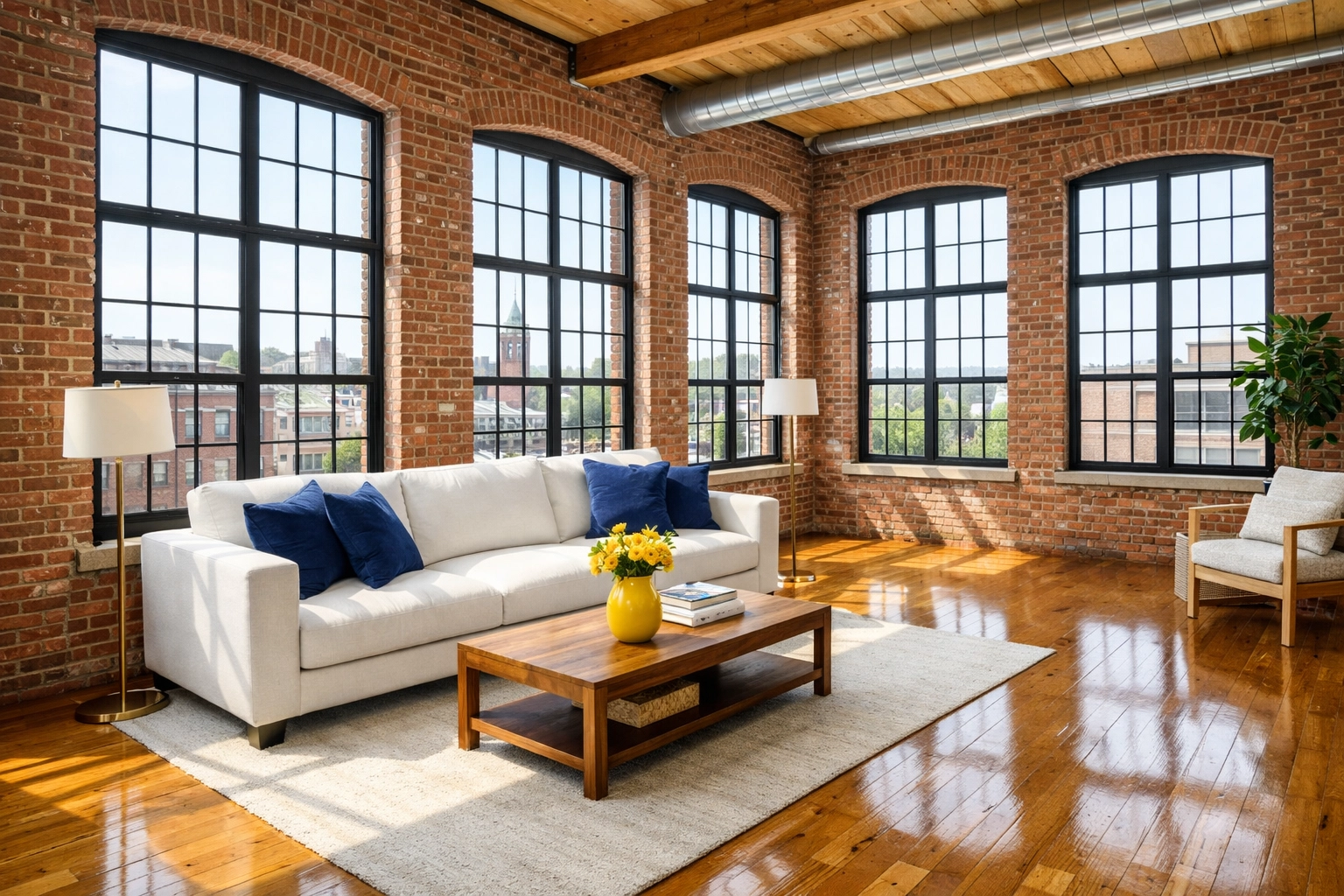 Sun-lit Lowell mill loft featuring high indoor air quality from green cleaning services Lowell MA.
