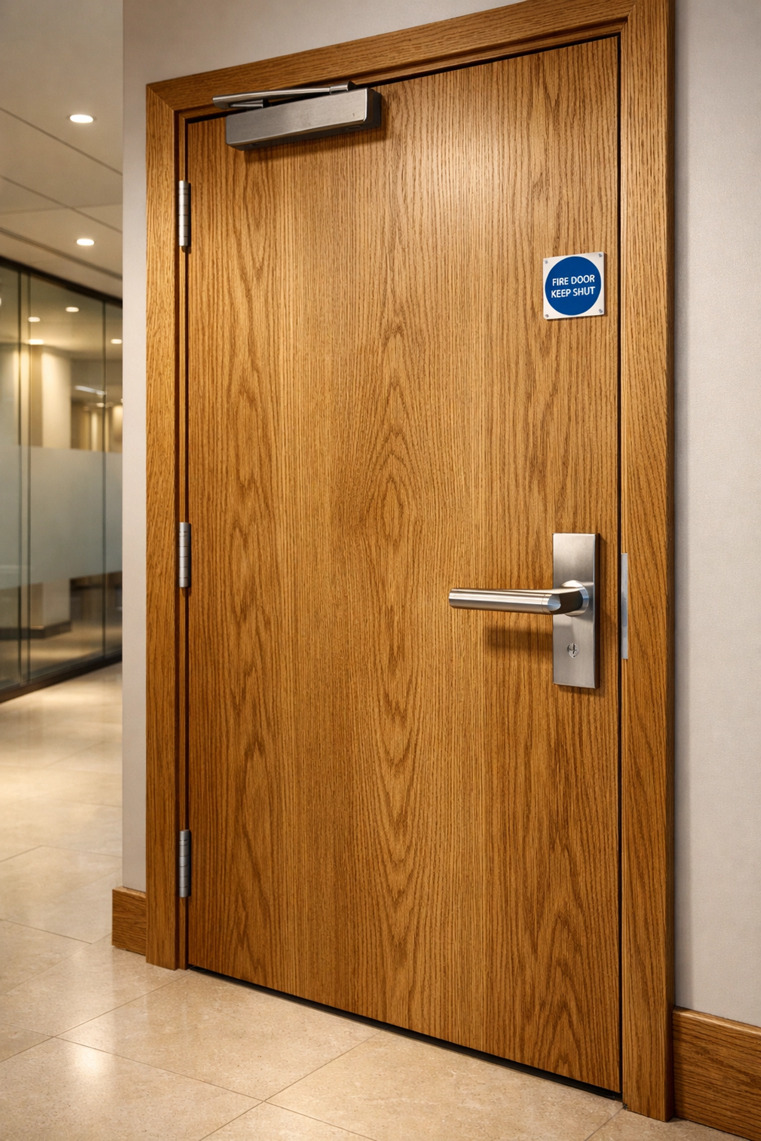 Sturdy oak fire door in a modern corporate corridor, ensuring building safety and fire compliance.