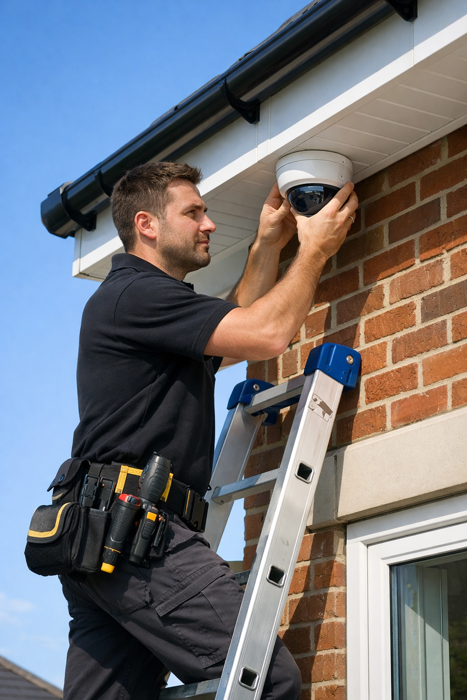 Professional technician installing a discreet NVR dome security camera on a UK home.