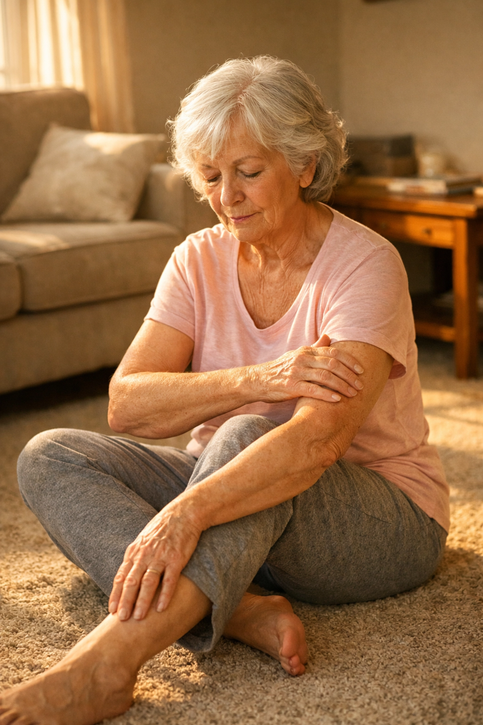 Senior woman assessing for injuries while sitting on floor after a fall