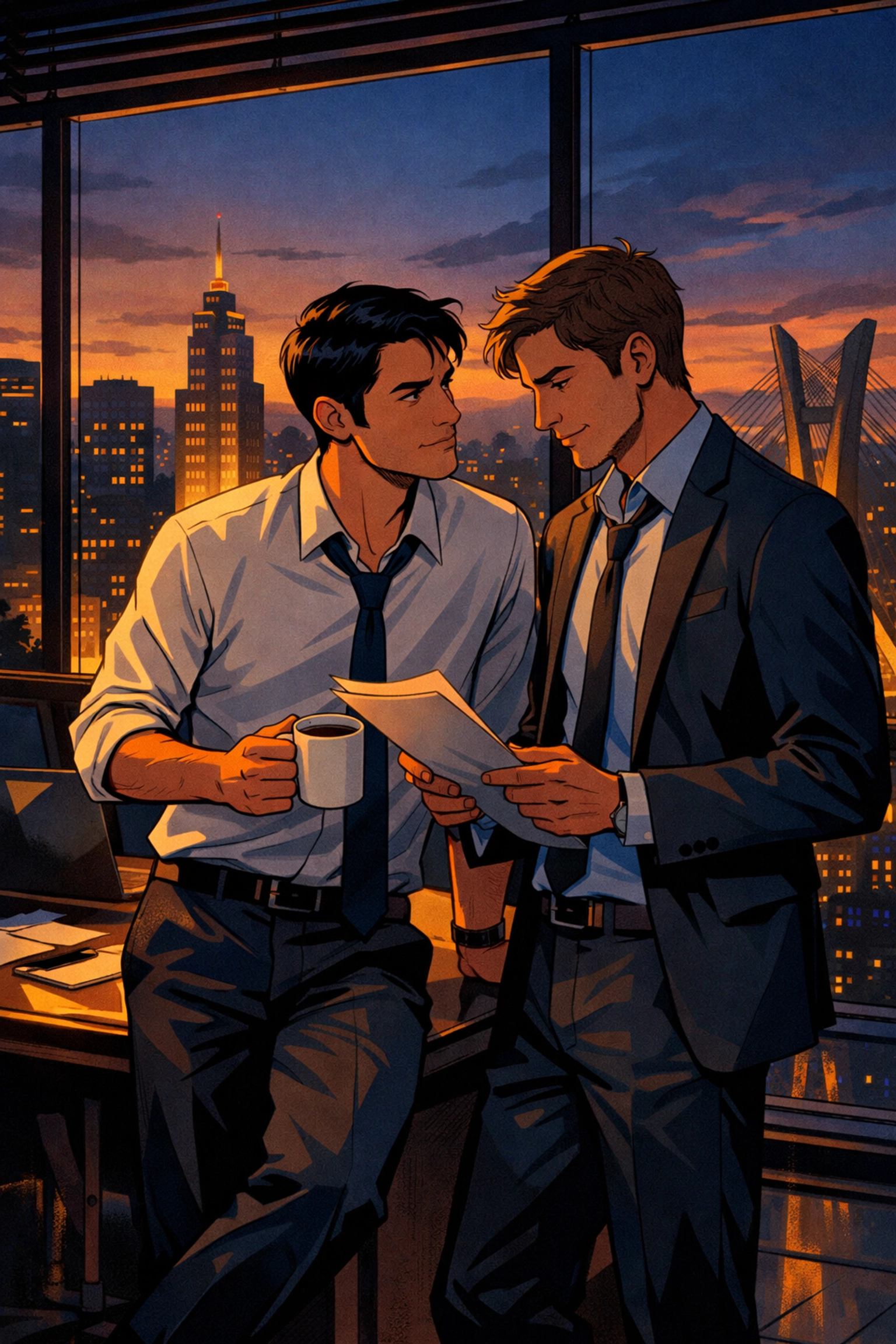 Two men sharing intimate workplace moment in São Paulo office - gay workplace romance scene
