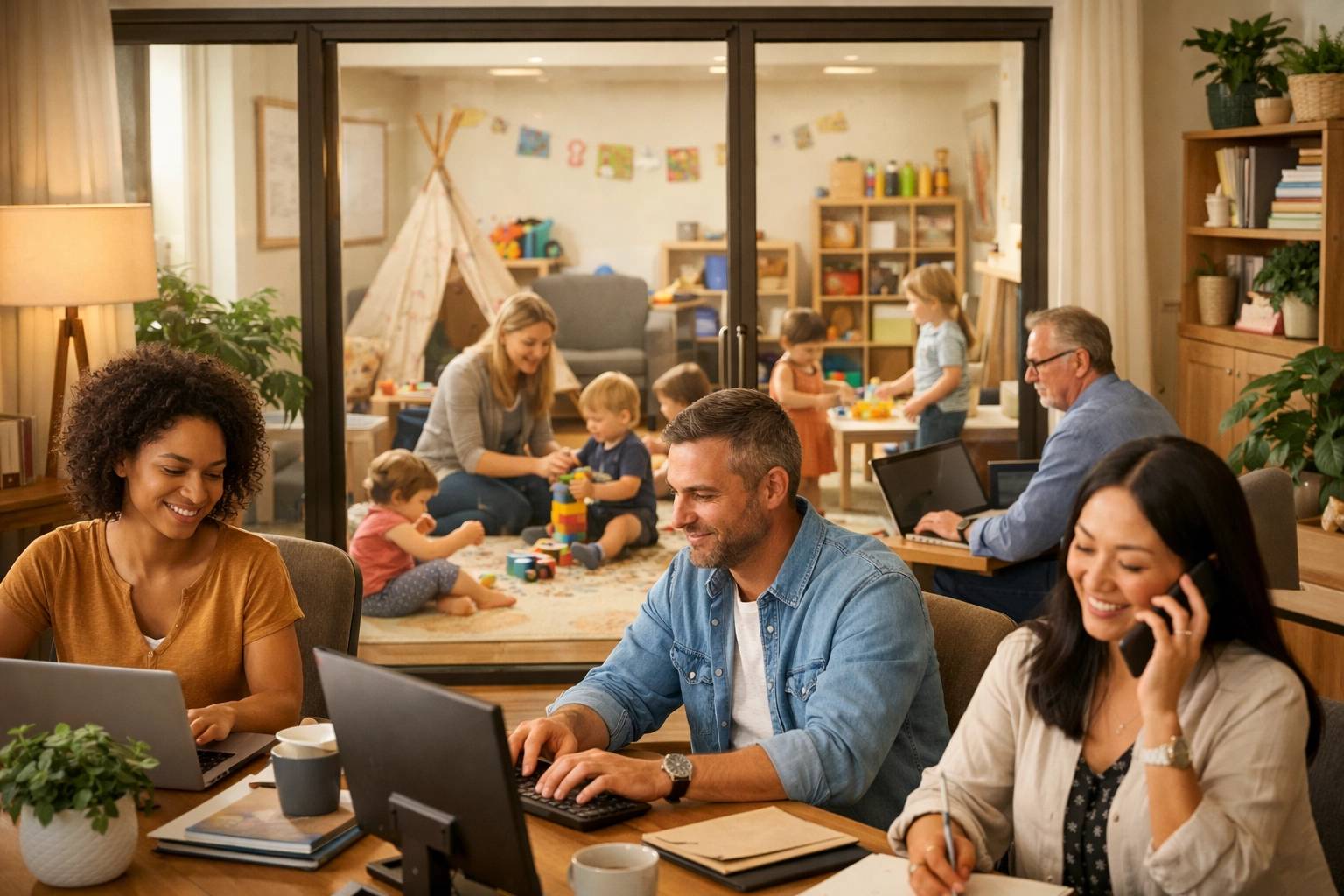 Small business office with employer childcare benefits for employees