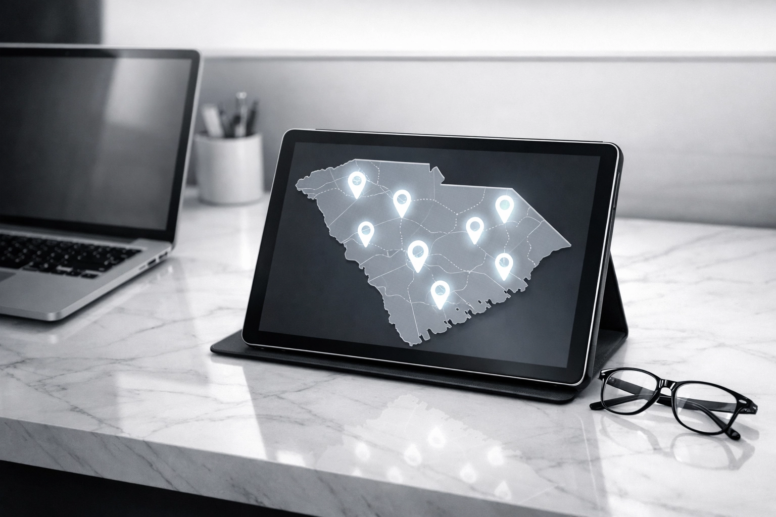 Digital map of South Carolina showing statewide coverage for professional process server locations.