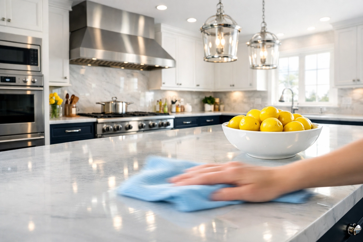 Spotless luxury kitchen with marble countertops after residential cleaning in Groton MA.