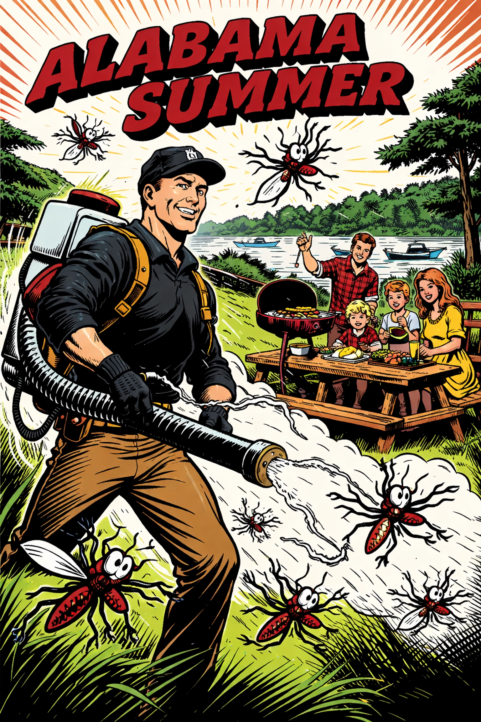 Family enjoys mosquito-free backyard BBQ in Alabama with Pest X technician using a fogger, near scenic Smith Lake.