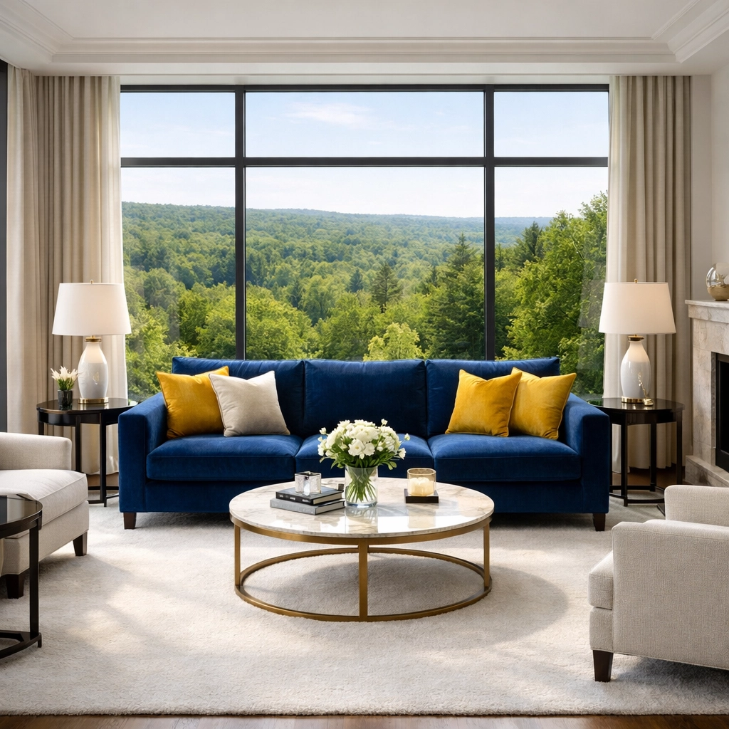 Pristine luxury living room in Winchester featuring a freshly vacuumed area rug and Fells view.