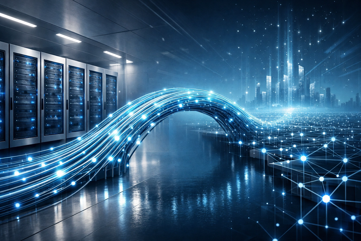 Hybrid cloud infrastructure connecting local on-premise servers with virtual network nodes.