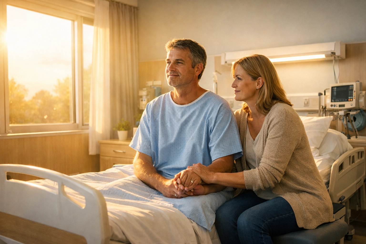 A husband and wife holding hands in a bright hospital room; faith and support from FA Memphis.