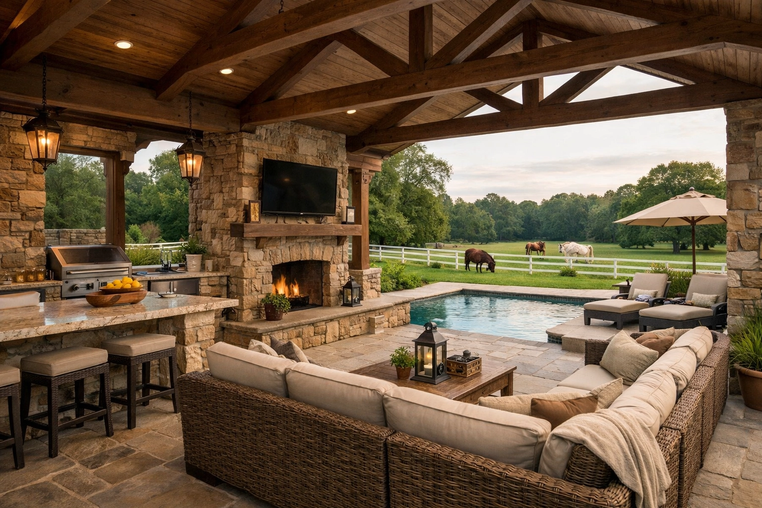 Luxury outdoor kitchen and pool overlooking horse pastures at Marvin NC estate