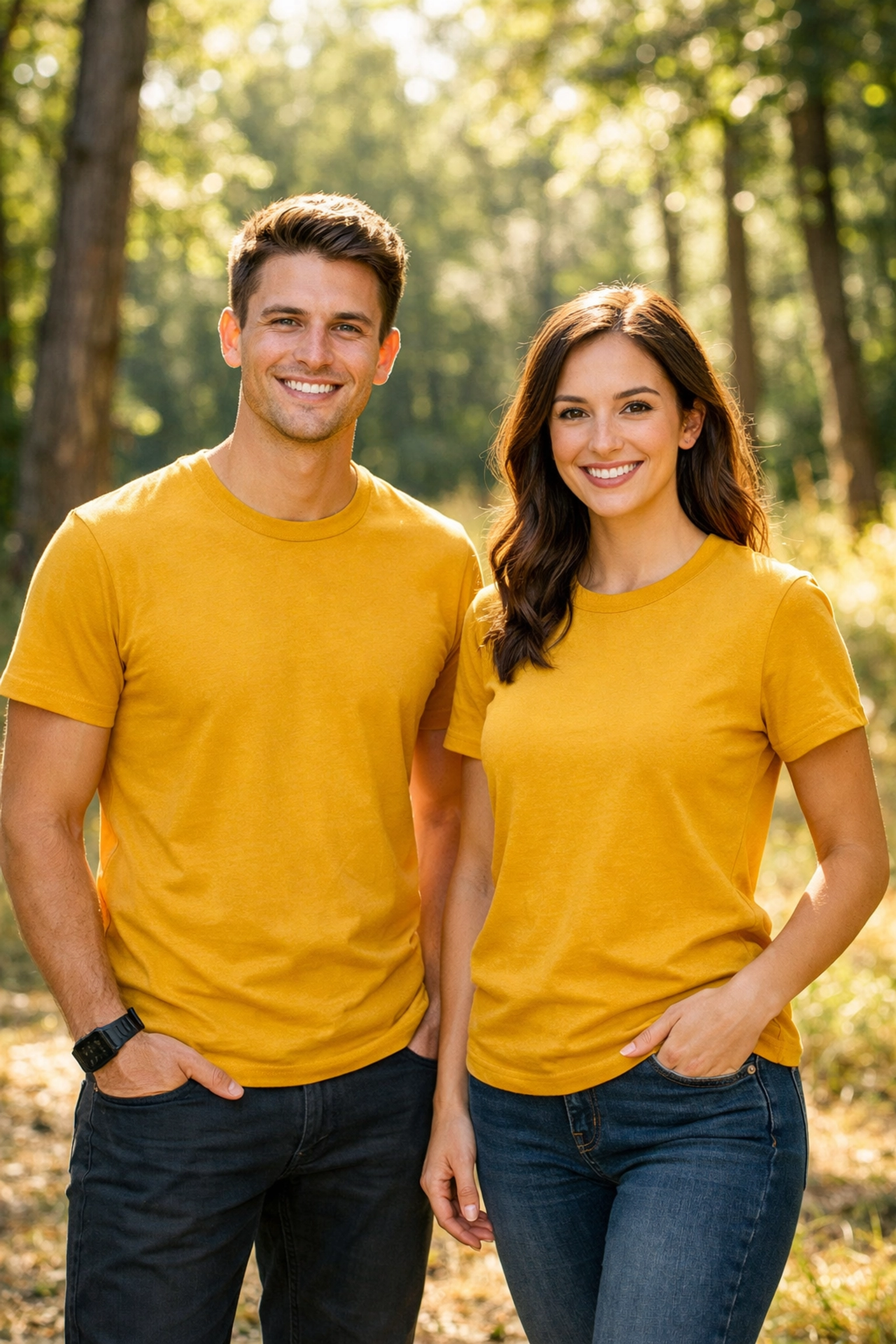 Two people wearing professional camp staff shirts in a sunny outdoor forest setting.