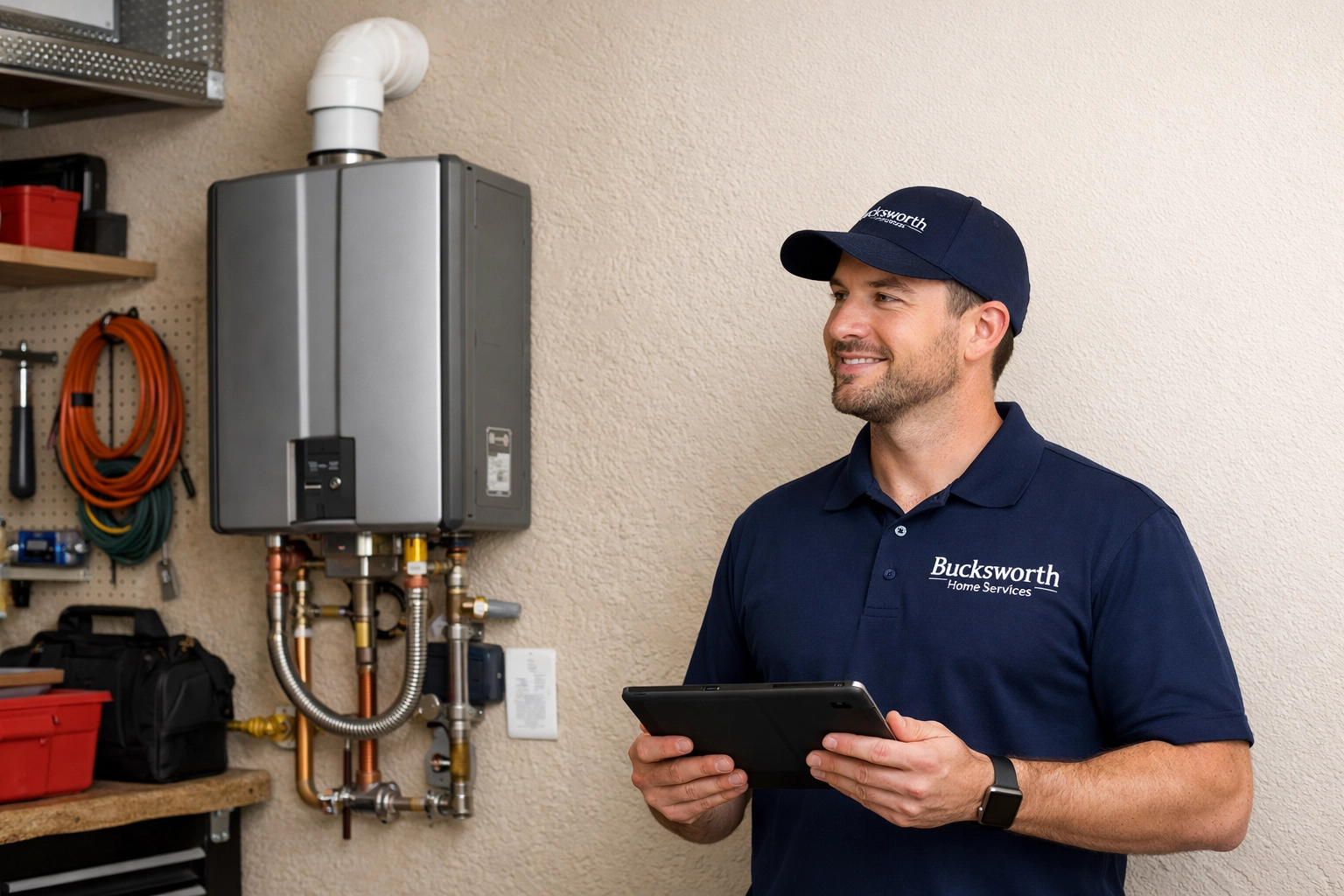 Professional plumber in Apache Junction AZ performing a high-efficiency water heater inspection.