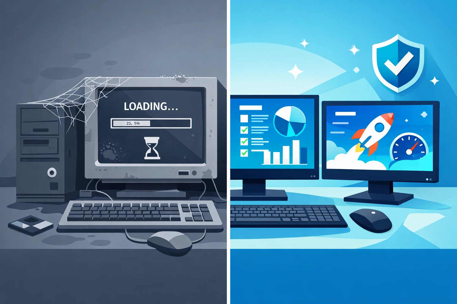 Comparison of outdated computer systems versus modern IT infrastructure for businesses